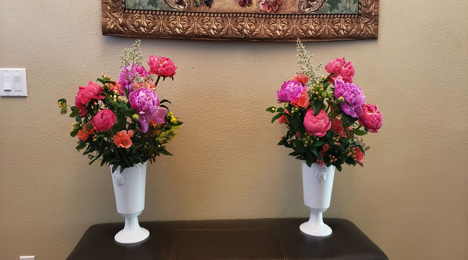 Assorted Peonies, Pink Godetia, Pink Hypericum, & Bamboo Nandina